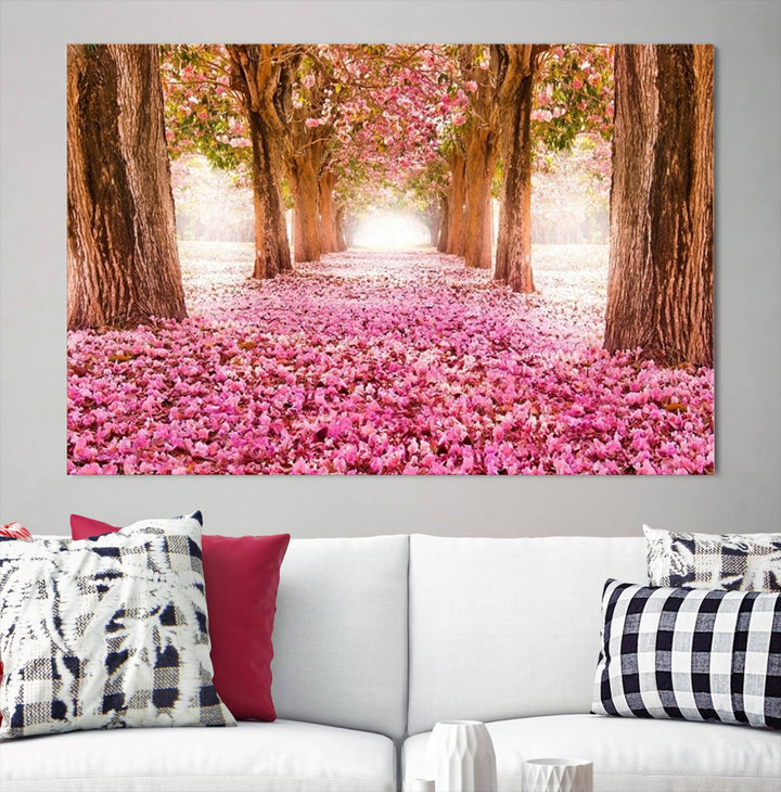 Tableau sur toile Blossom Cherry Marchant sur des fleurs roses entre les arbres