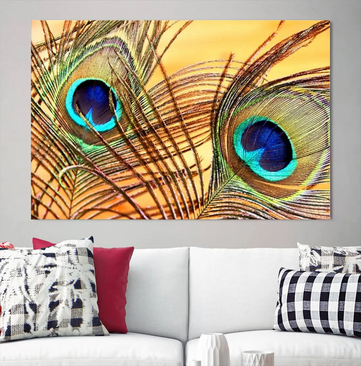 The Peacock Feather Wall Art Print, showcasing a vibrant green, blue, and orange feather design and ready to hang, adorns the space.