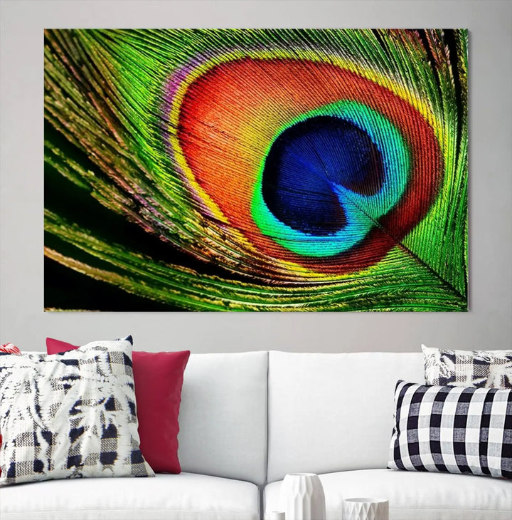 The living room features the "Colorful Peacock Feather Wall Art Print," showcasing a vibrant green, blue, and orange design elegantly displayed above a modern sofa.