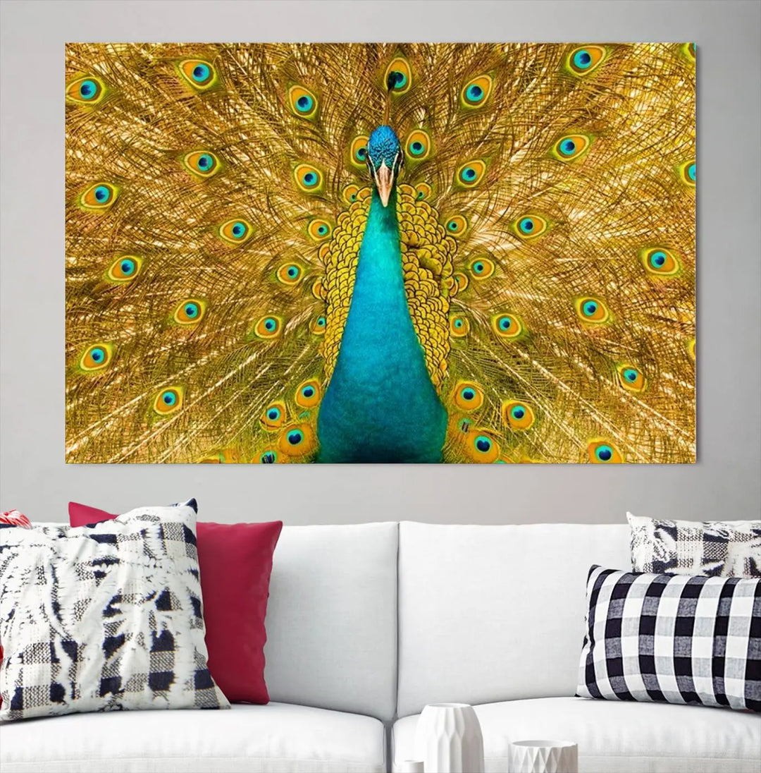 The Peacock Wall Art Canvas Print, featuring a vibrant triptych design of a peacock with intricate feather details and printed on museum-quality canvas with UV-protective coating, brings an artistic flair to the elegant space. Ready to hang, it enhances the modern living room with its striking presence.