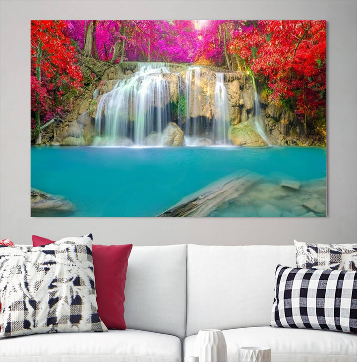 Wall Art Waterfall Landscape with Pink and Red Flowers in Forest Canvas Print