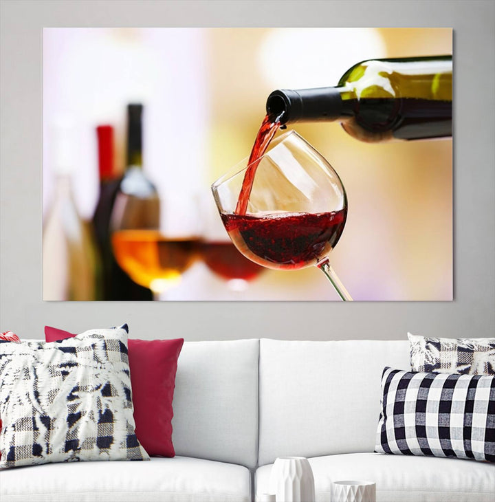 The Filling Red Wine into Glass Red Wine Canvas Print showcases a wine bottle pouring red wine into a glass. This scene, captured on museum-quality canvas, promises timeless elegance and comes with free shipping for effortless delivery to your doorstep.