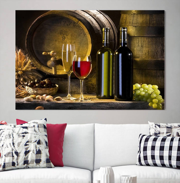 Explore the "Wall Art Red and White Wine with Bottles and Tun Canvas Print," a triptych on gallery-wrapped, museum-quality canvas. Featuring a wine barrel, bottles, and a glass of red wine, it includes a UV-protective coating for lasting vibrancy.