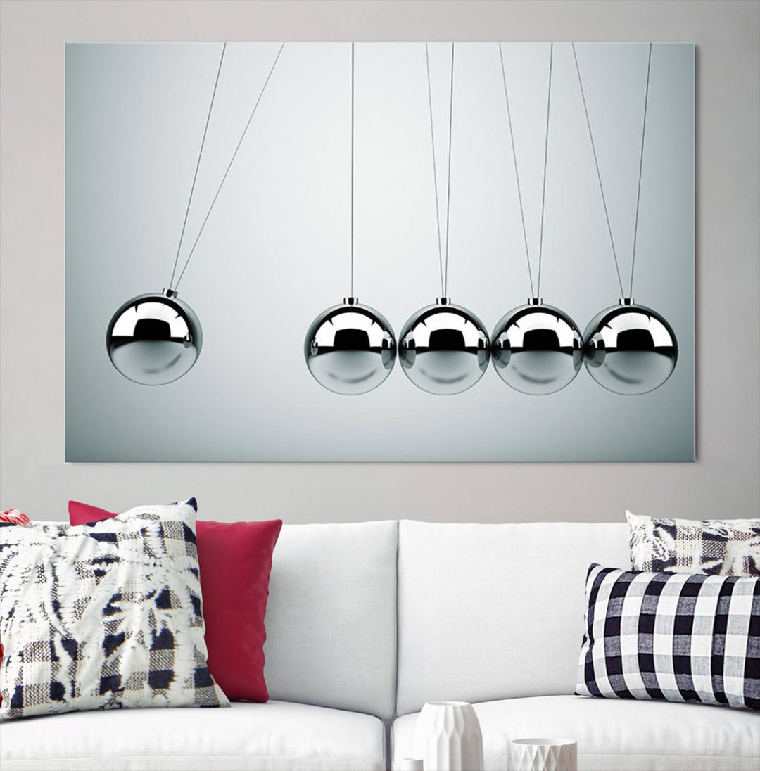 Newton's Cradle Motion Art, Modern Minimalist Metal Sphere Wall Art, Physics-Inspired Kinetic Energy Canvas Print for Office and Home Decor