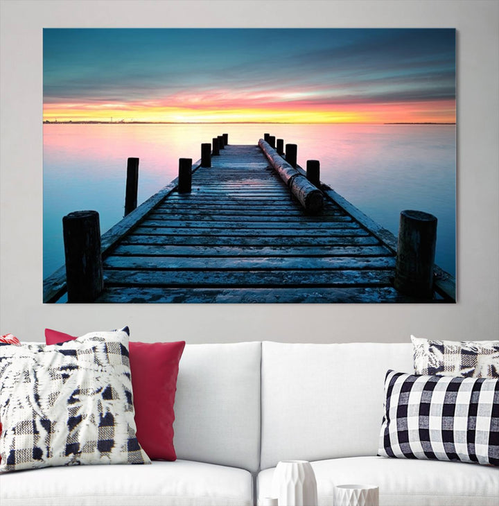 Wall Art Vintage Wooden Pier on Sea at Sunset Canvas Print