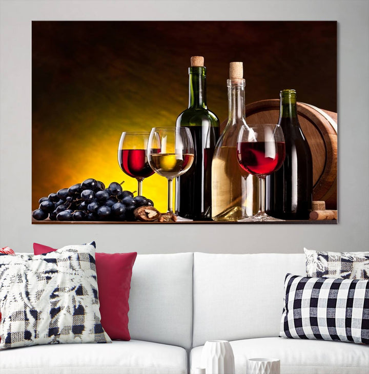 The "Red and White Wine Canvas Print" is a multi-panel design displaying bottles and glasses, adding a professional craftsman's touch to the living room.