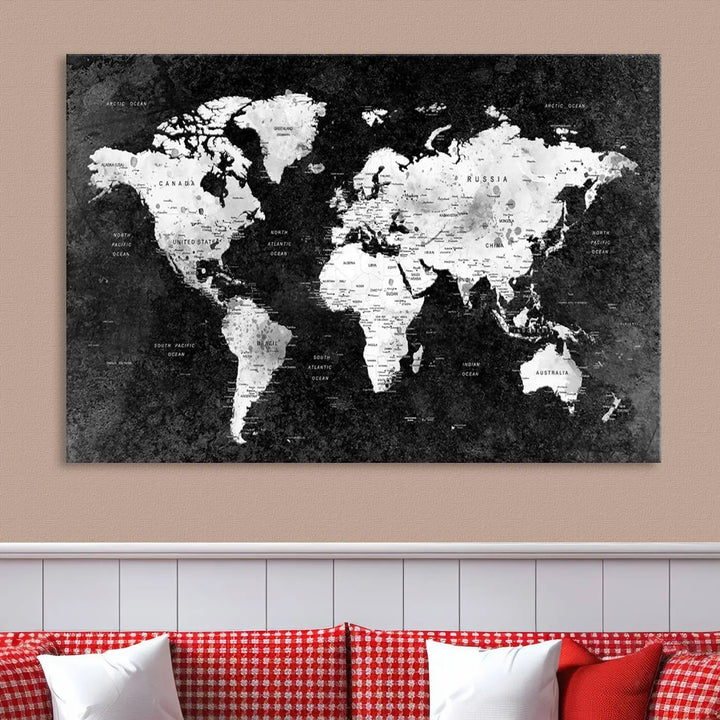 Modern Grayscale World Map 3-Panel Canvas Art | Ready to Hang, Framed | Stylish Minimalist Wall Décor for Home, Office, Living Room, or Study Spaces 