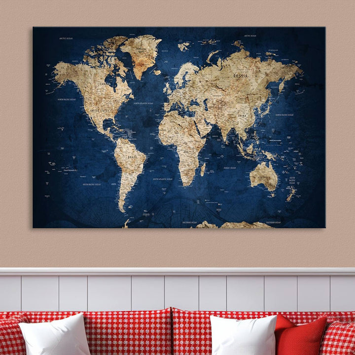 A triptych canvas print titled "Vintage Blue World Map Canvas Print - Classic World Map Design on Deep Blue Wall Art Print" adorns the wall, enhancing the decor with its antique style.