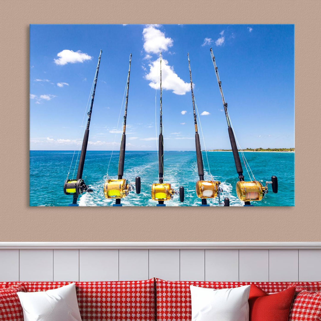 Fishing Roads on Boat Canvas Wall Art Print Ocean Seascape Art Print