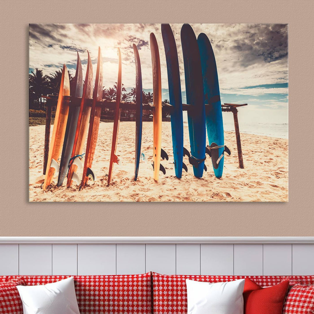 Tablas de surf coloridas y lienzo al atardecer Impresión de arte de pared Lienzo extra grande Arte deportivo inspirador Arte de lienzo de playa Arte de pared de múltiples paneles