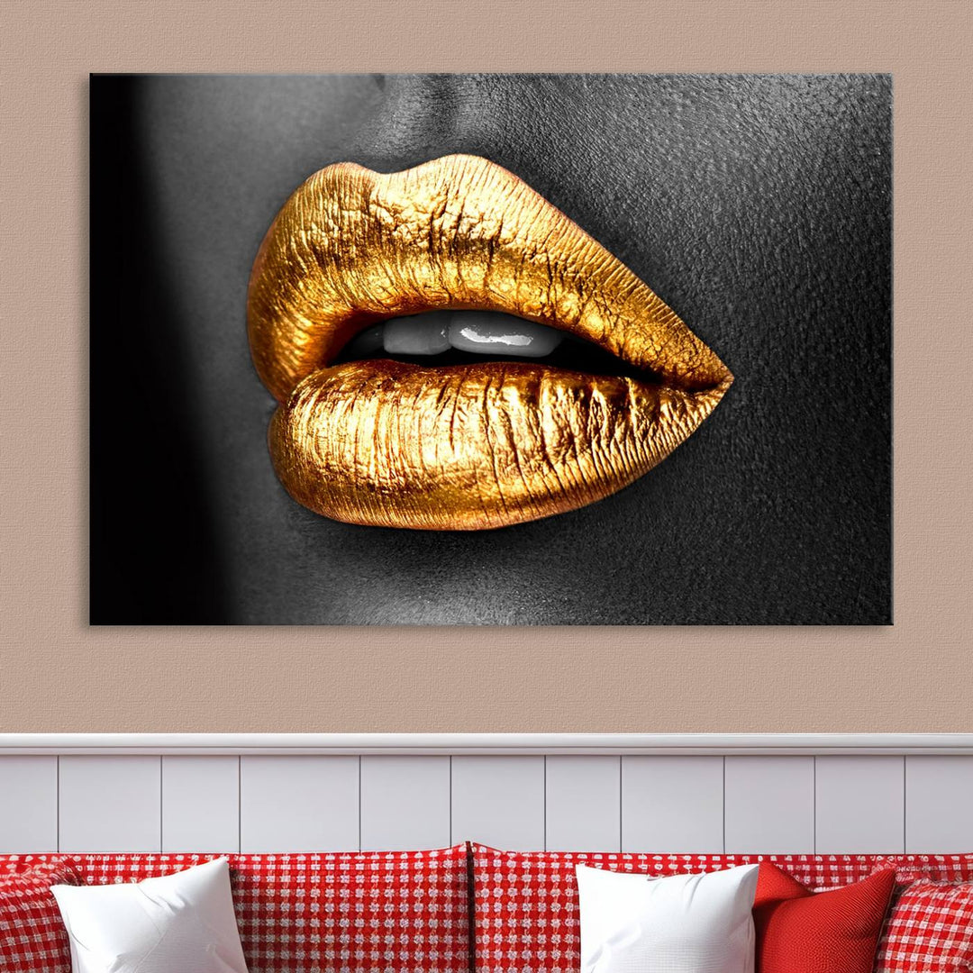 Gold Lips Canvas Wall Art Print Makeup Wall Art Fashion Beauty Canvas Print