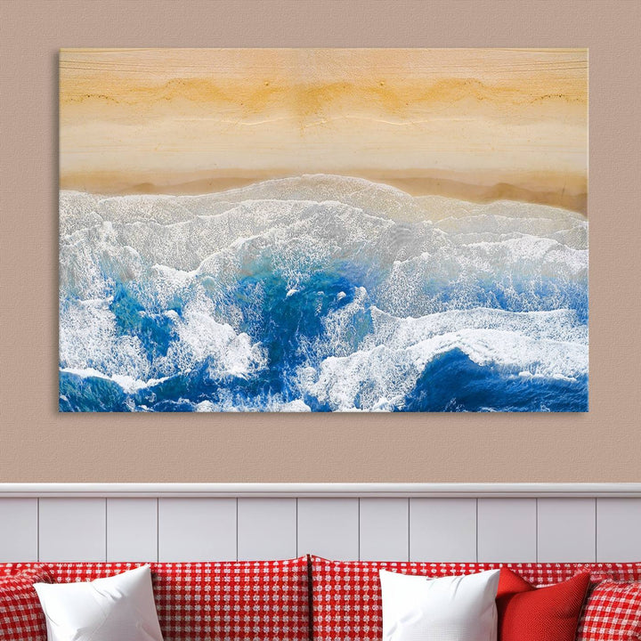 Maravilloso lienzo de playa aérea, impresión artística de pared, paisaje de playa, arte oceánico, pintura abstracta grande, lienzo original enmarcado listo para colgar obras de arte para sala de estar, cocina, dormitorio, decoración del hogar