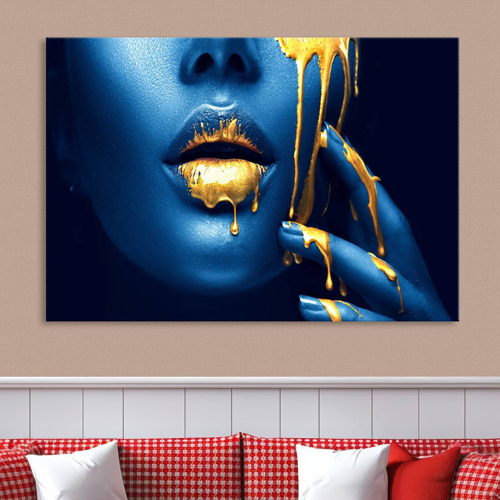 Neon Blue Gold Lips Photography Canvas Wall Art Print Fashion Art Beauty