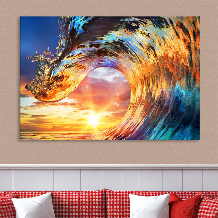 Wave Canvas Wall Art – Multi-Panel Sunset Ocean Scene – Bold and Vibrant Decor for Living Room or Office – Ready to Hang