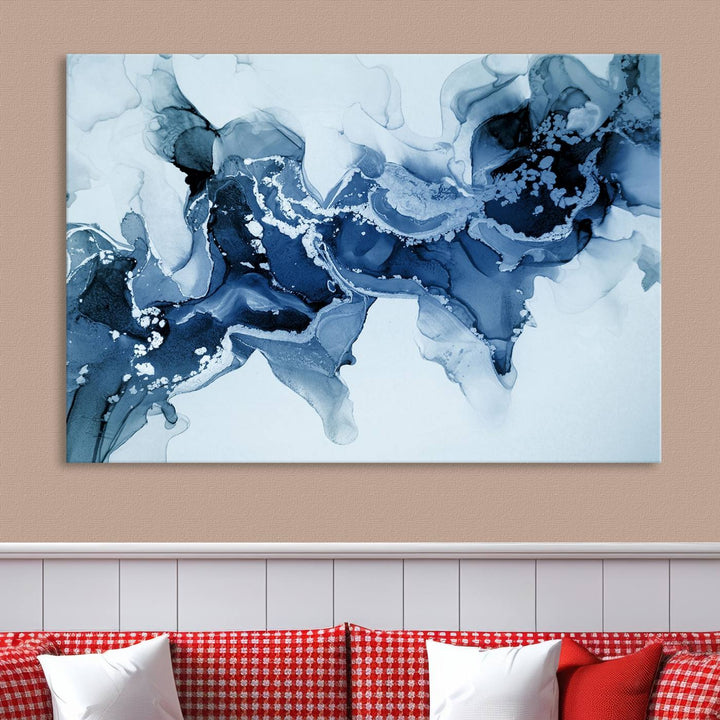 Arte de pared grande con efecto fluido de mármol azul hielo, lienzo abstracto moderno, impresión artística de pared