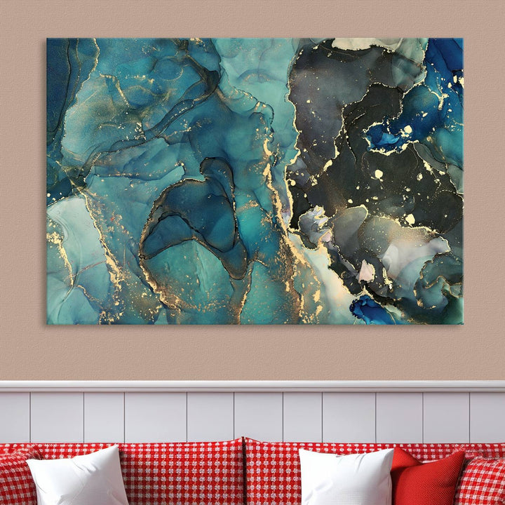 Green and Gold Marble Fluid Effect Wall Art Abstract Canvas Wall Art Print