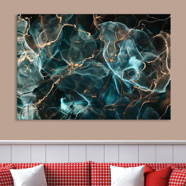 Neon Blue Marble Smokey Effect Wall Art Abstract Canvas Wall Art Print