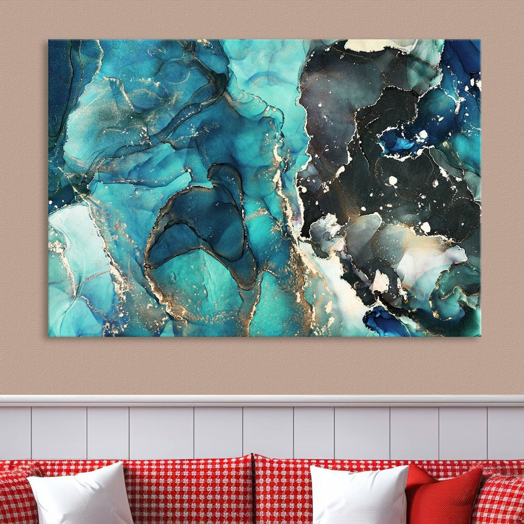 Stylish Teal Color Gold Abstract Canvas Wall Art Print