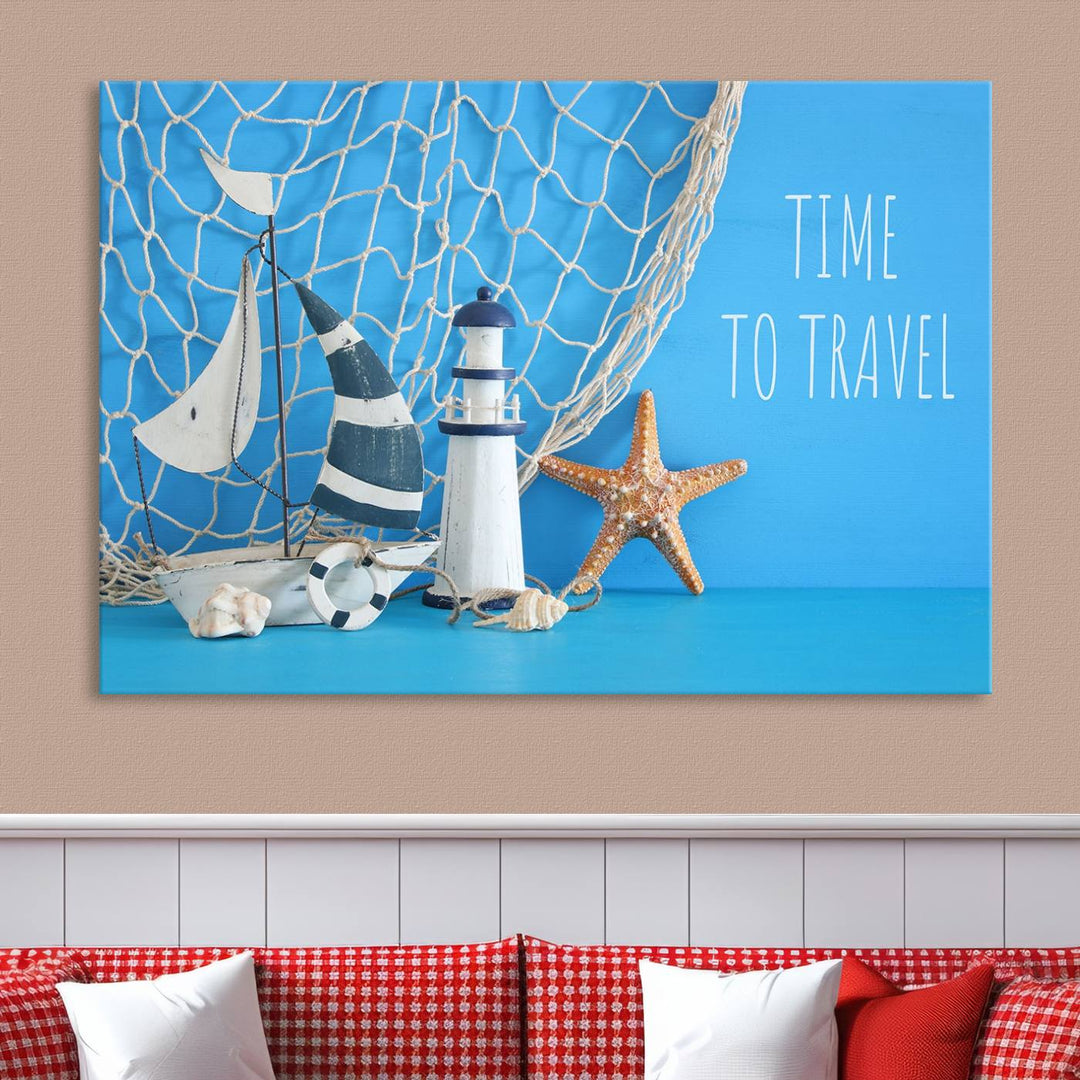 Sailing Boat Starfish and Lighthouse Wall Art Canvas Print