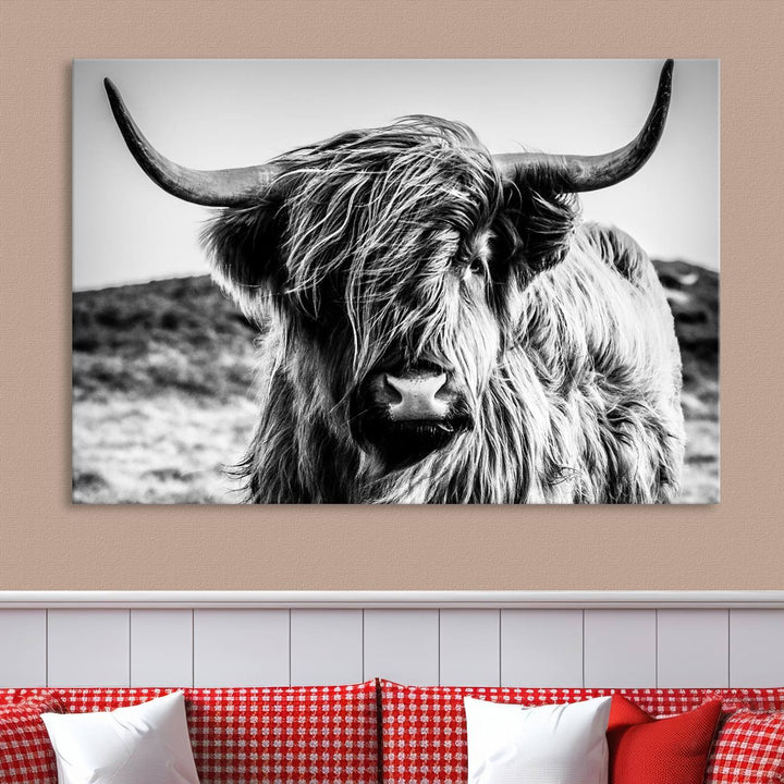 Highland Cow Wall Art | 3-Panel Black and White Highland Cow Canvas Print for Western Farmhouse Decor | Large Framed Giclee Canvas for Living Room