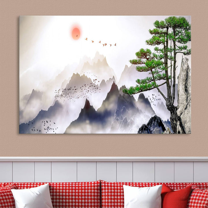 Japanese Tree Mountain Wall Art Canvas Print