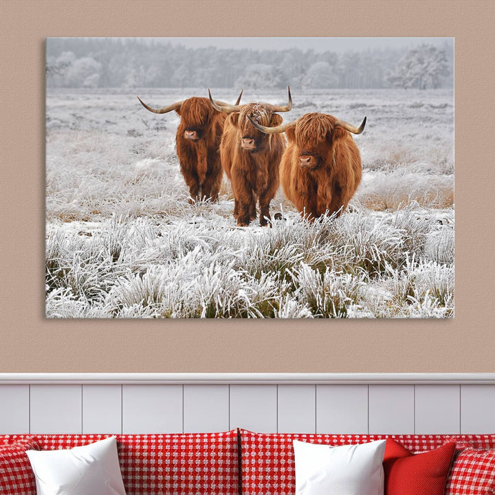 Vaches des Highlands dans la neige Art sur toile Highland Cattle Picture Art Farmhouse Art