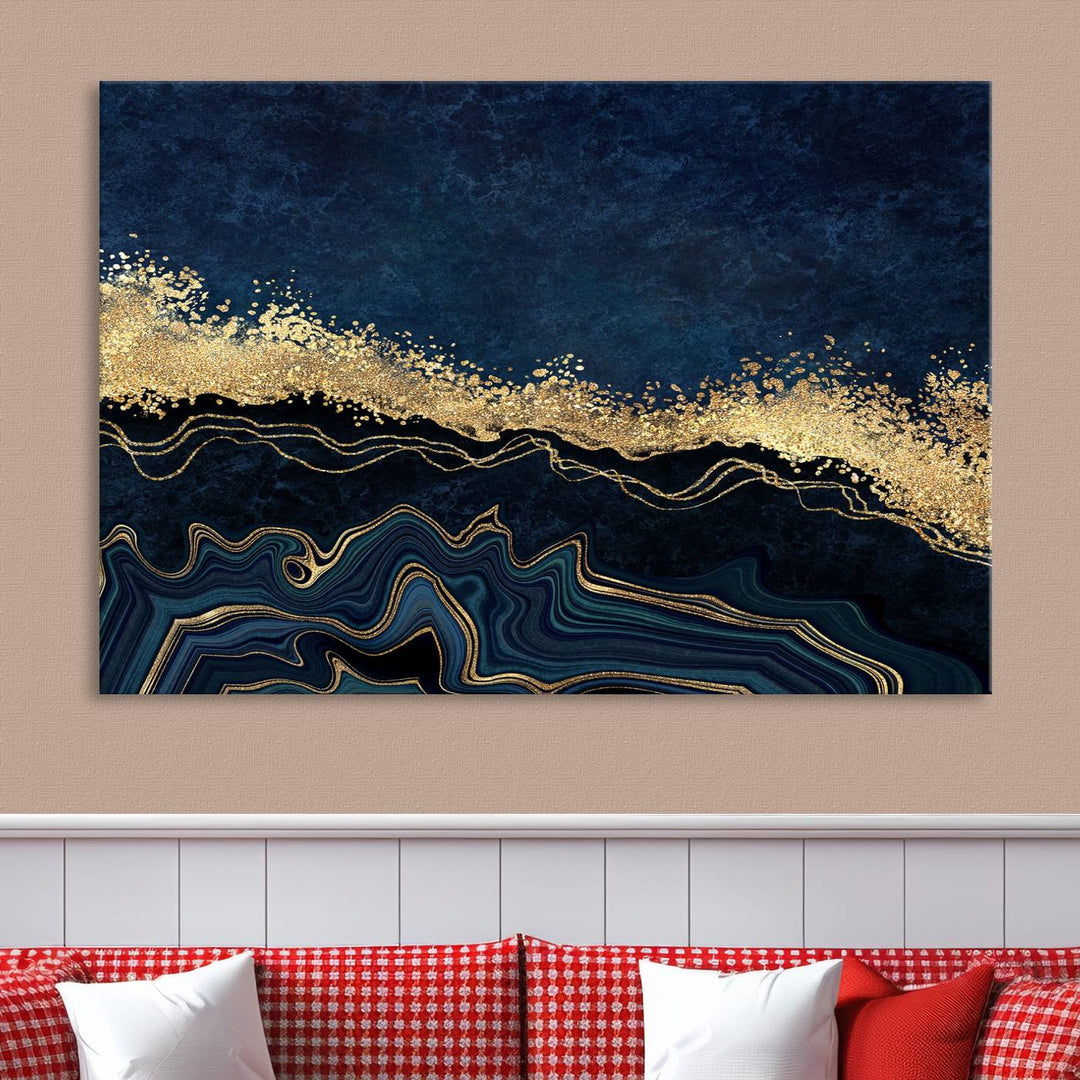 Navy Blue Marble Fluid Effect Large Wall Art Modern Abstract Canvas Wall Art Print