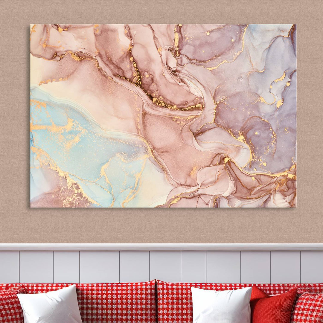 Arte de pared grande con efecto fluido de mármol dorado rosa, lienzo abstracto moderno, impresión artística de pared