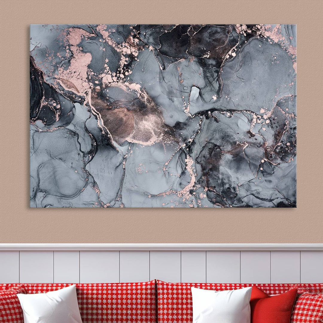 Impresión de arte de pared grande con efecto fluido de mármol gris y oro rosa, lienzo abstracto moderno