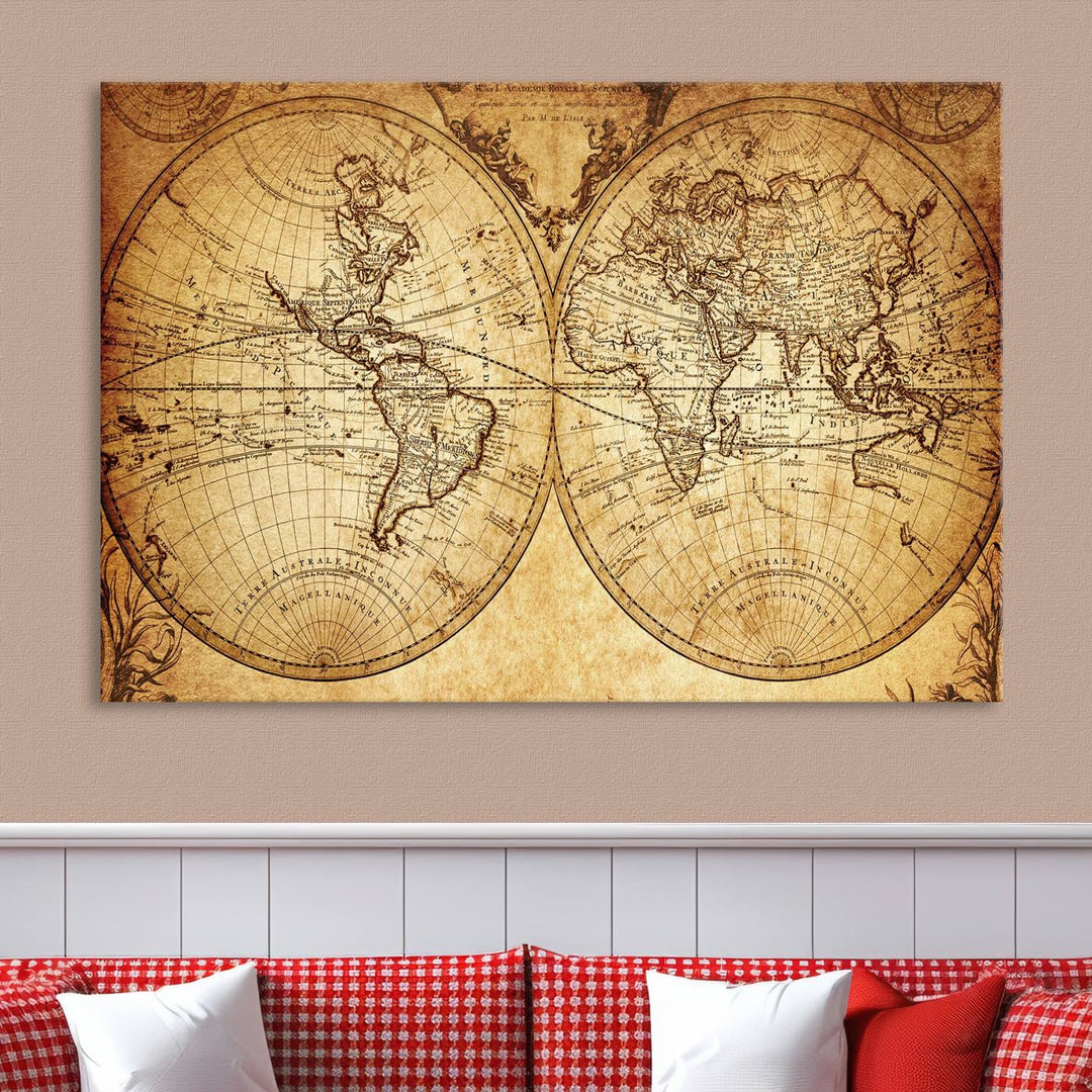 Vintage World Map Wall Art | 3-Panel Canvas Print for Living Room, Office, or Study | Giclee Canvas with Antique Design