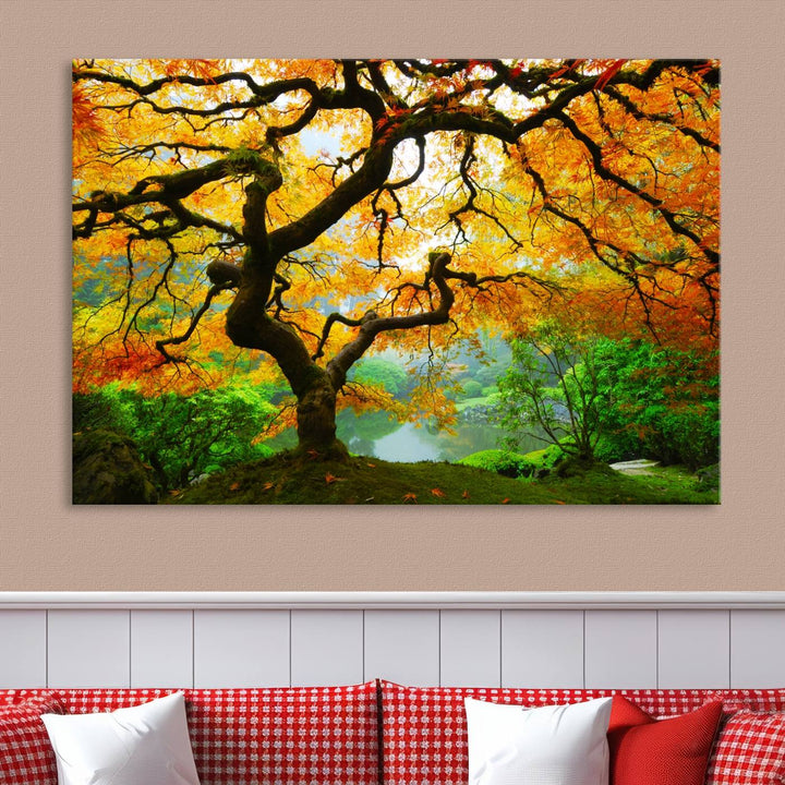 Portland Japanese Maple Tree Canvas Wall Art – Nature Landscape Print – Framed and Ready to Hang for Living Room or Office Decor