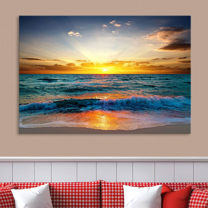 Vibrant Ocean Sunrise Over Golden Beach Waves, Giclee Canvas Wall Art Set, High-Quality Stretched Canvas Print, Ready to Hang Coastal Sunset Wall