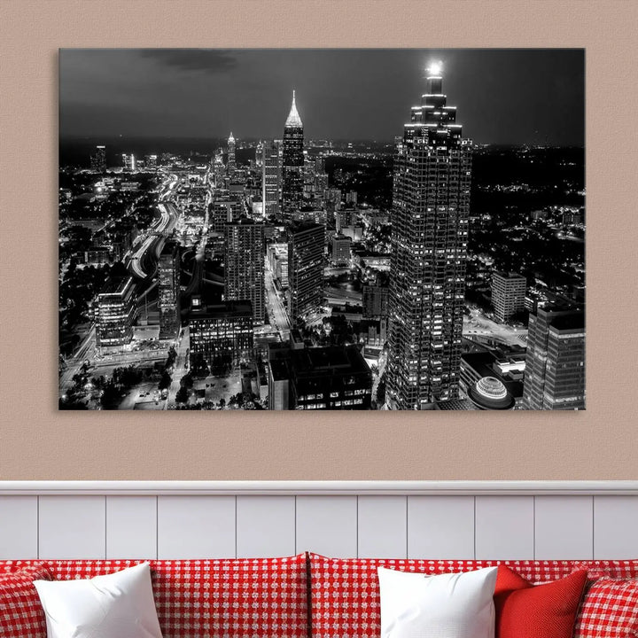 The Atlanta City Lights Skyline Black and White Wall Art Cityscape Canvas Print is elegantly displayed on the wall. These museum-quality canvases arrive ready to hang, making your art display both effortless and sophisticated.