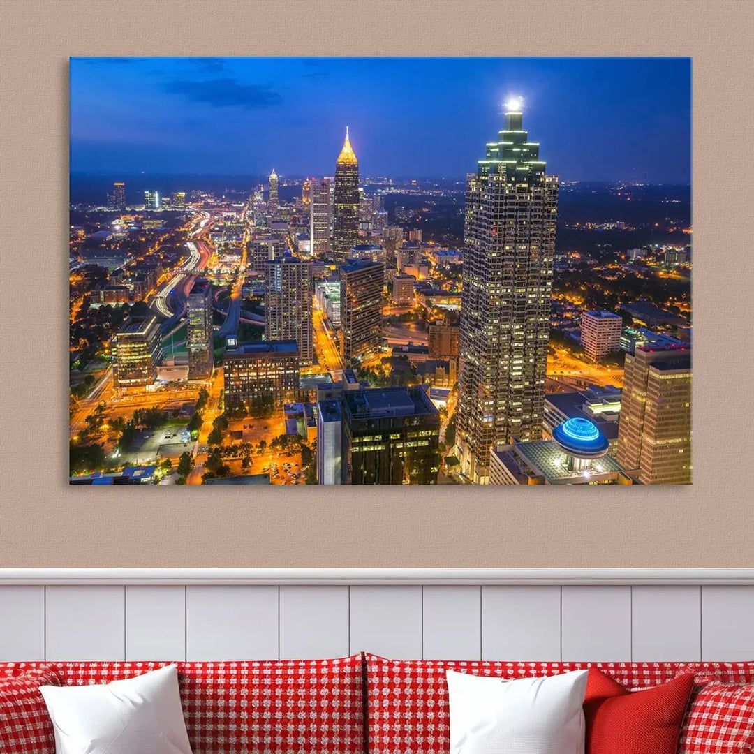 An elegant Atlanta City Blue Skyline Cityscape View Wall Art Canvas Print graces the wall, offering a sophisticated addition to your living space. Enjoy free shipping on this stylish piece.