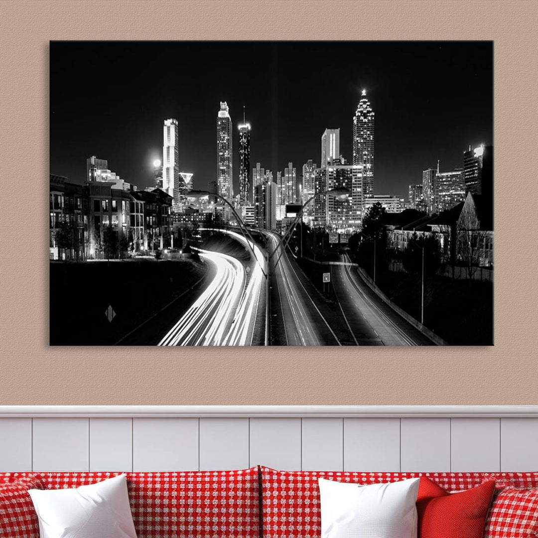 Atlanta City Lights Skyline Art mural noir et blanc Paysage urbain Impression sur toile