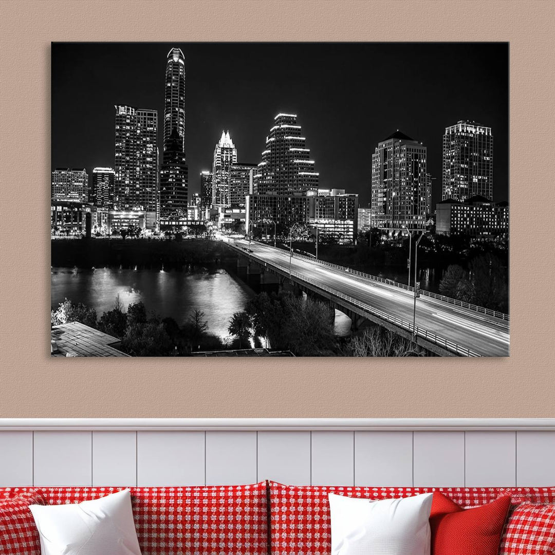 Austin City Lights Skyline Black and White Wall Art Canvas Print