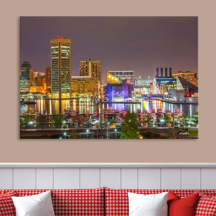 The Baltimore City Lights Night Skyline Cityscape View Wall Art Canvas Print is elegantly displayed on museum-quality canvas.