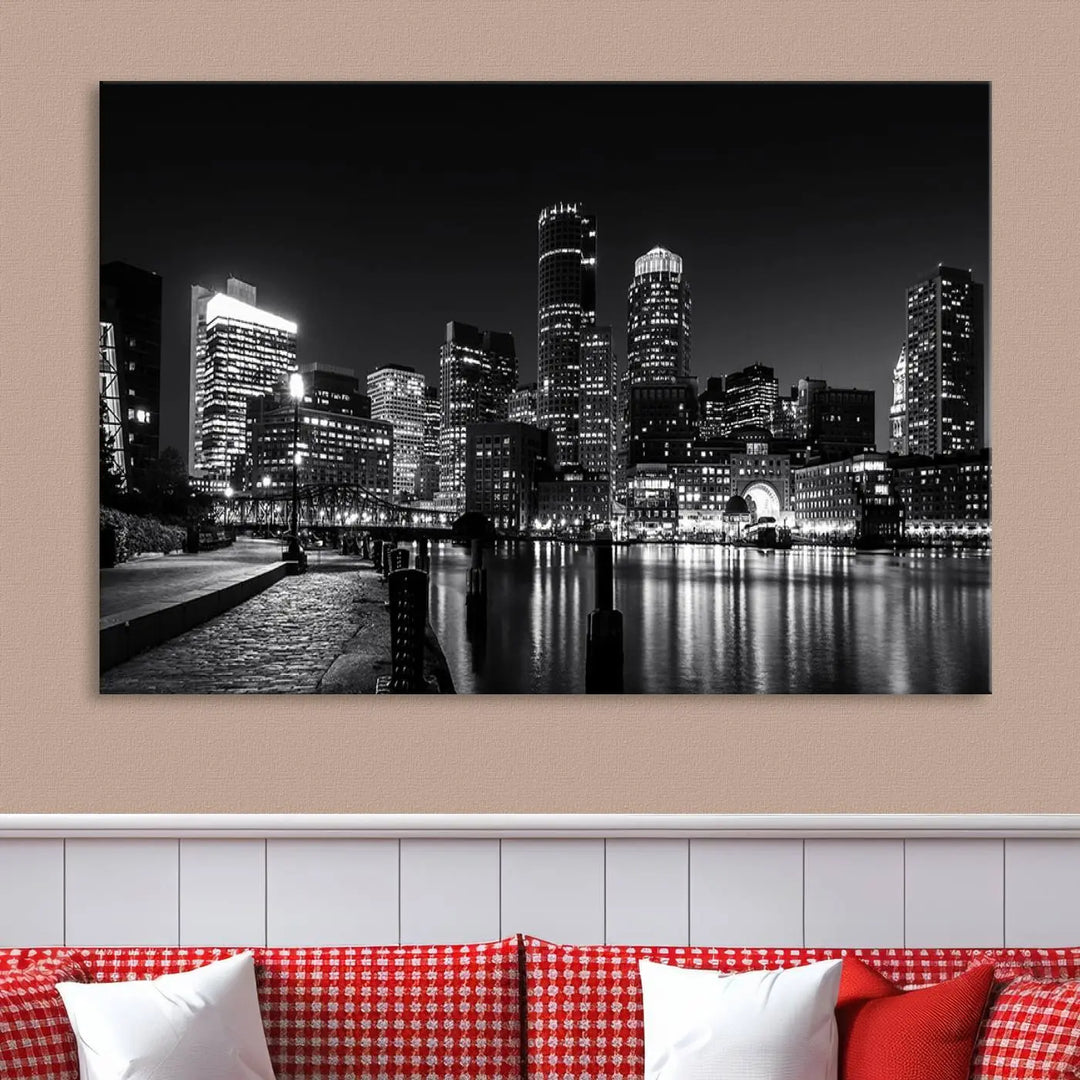 The living room showcases the Boston City Lights Skyline Black and White Wall Art Canvas Print.