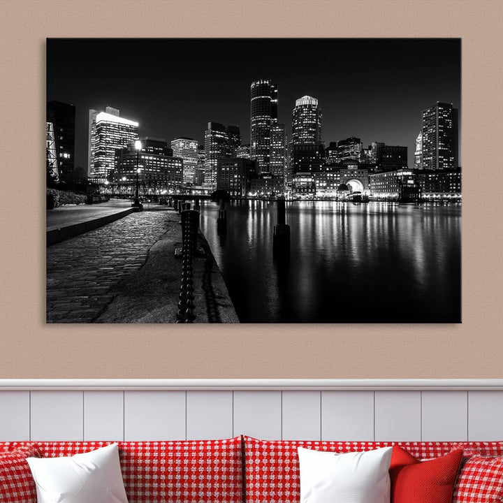 The Boston Lights Skyline Black and White Wall Art Cityscape Canvas Print, crafted with museum-quality canvas and UV-protective coating, serves as a striking triptych centerpiece in the living room.