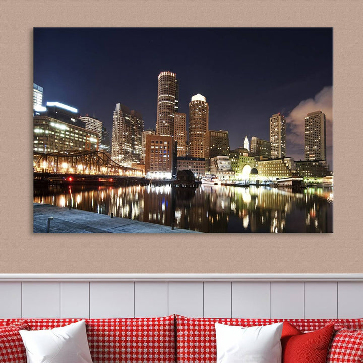 The Boston City Lights Skyline Cityscape View Wall Art Canvas Print showcases a nighttime cityscape on museum-quality canvas.