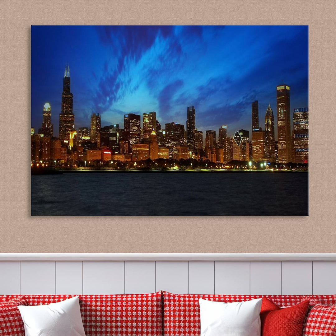 The "Chicago City Lights Night Blue Wall Art Canvas Print," a triptych of a city skyline at dusk rendered on museum-quality canvas with UV-protective coating, is featured in the living room.