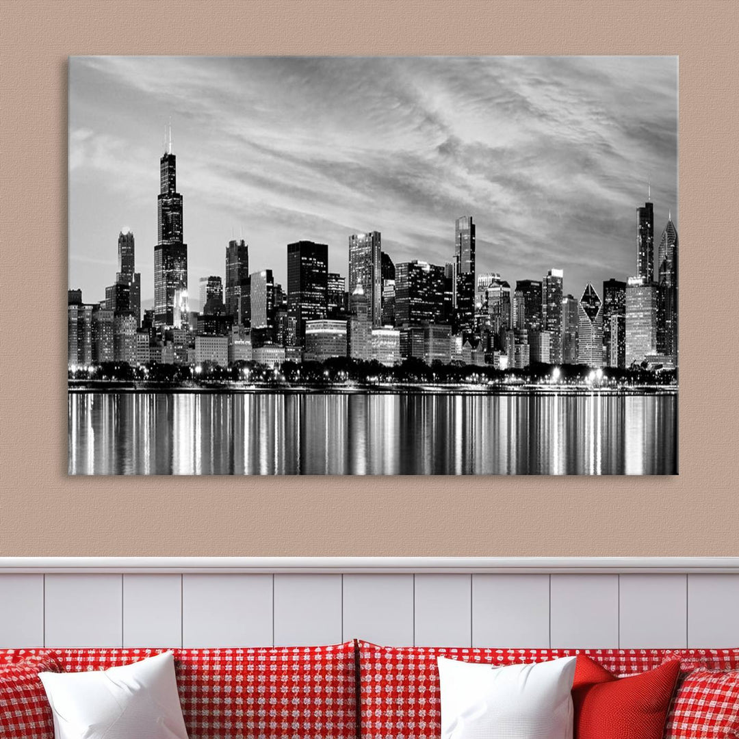 Chicago City Cloudy Skyline Black and White Wall Art Cityscape Canvas Print