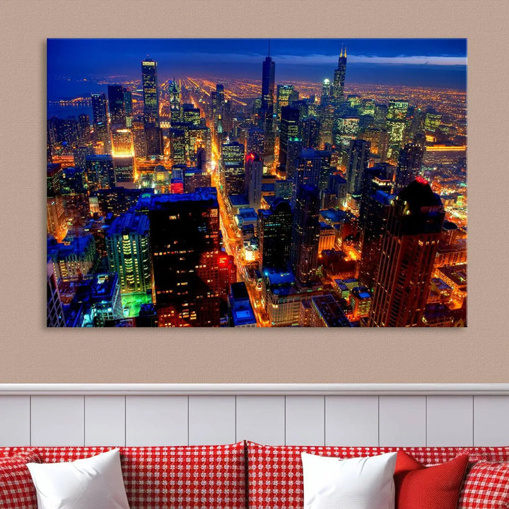 The "Chicago Night Skyline Wall Art" on museum-quality canvas adds long-lasting appeal to the living room.