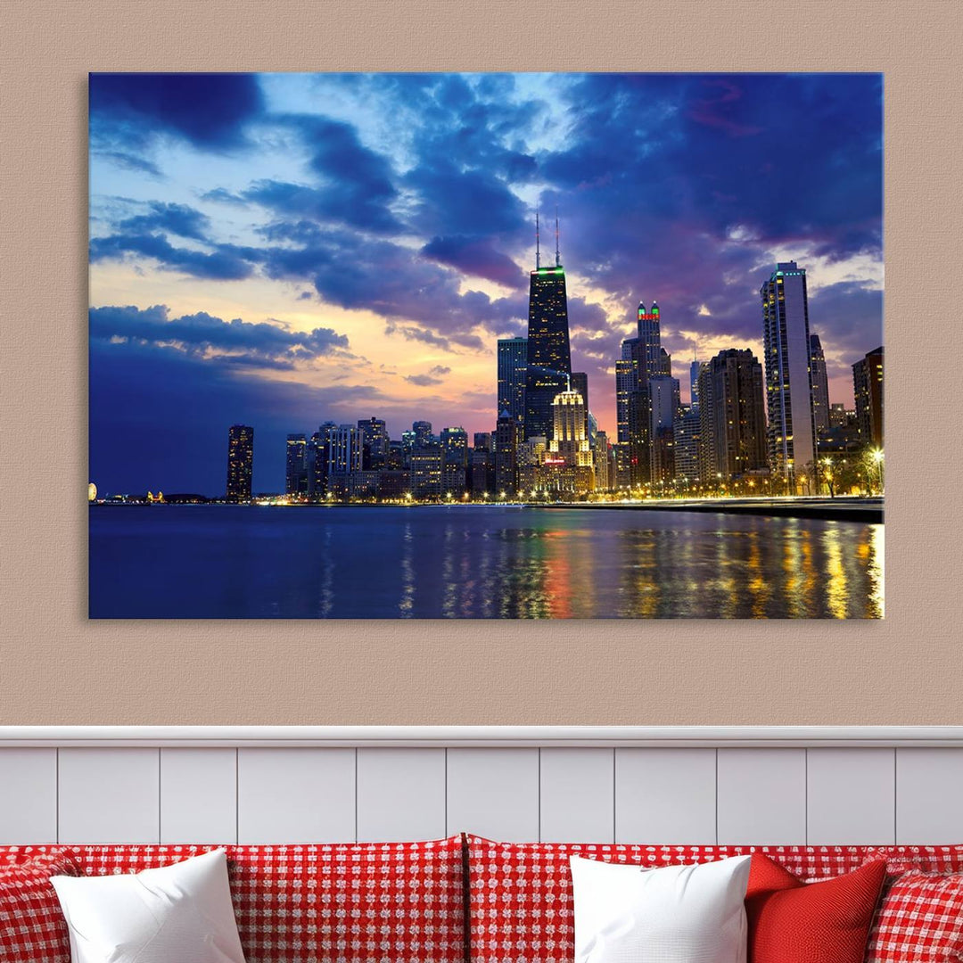 Chicago City Lights Nuit Nuageux Bleu Skyline Cityscape View Wall Art Impression sur toile