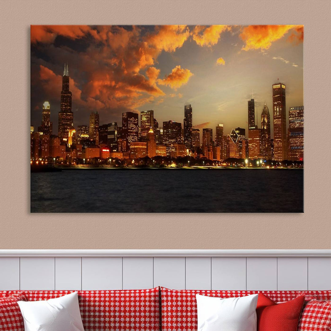 Chicago City Lights Sunset Orange Cloudy Skyline Cityscape View Wall Art Canvas Print