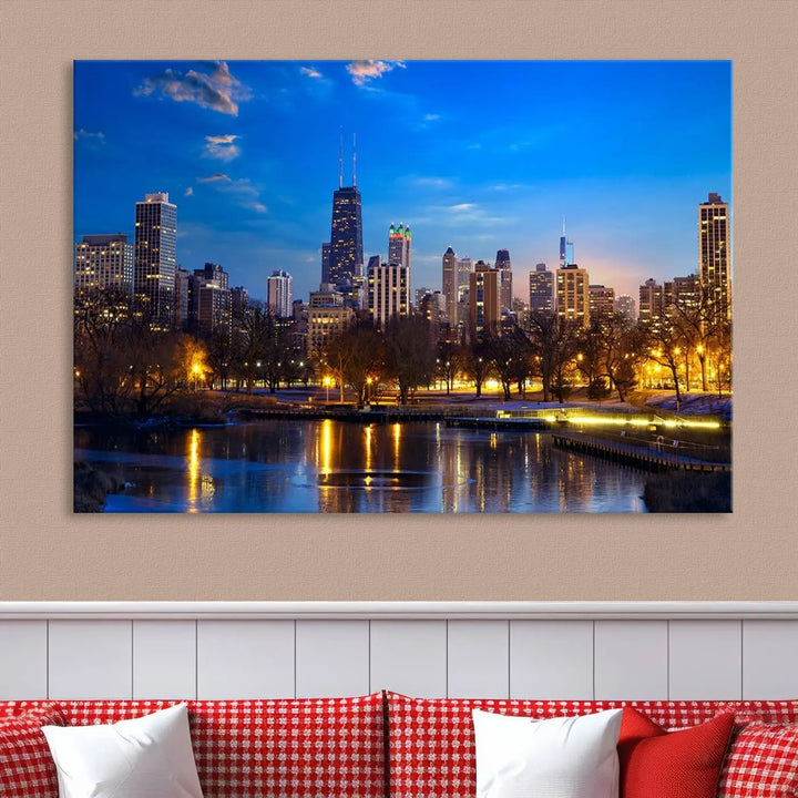 A triptych photo titled "Chicago City Lights Night Blue Skyline Cityscape View Wall Art Canvas Print" is elegantly displayed on gallery-wrapped, museum-quality canvases.