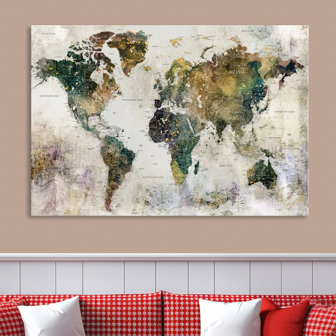 Impresión de arte de pared de mapa del mundo grande - Mapa en lienzo Galería Juego de pared de 3 paneles Regalo para mapa de viajero