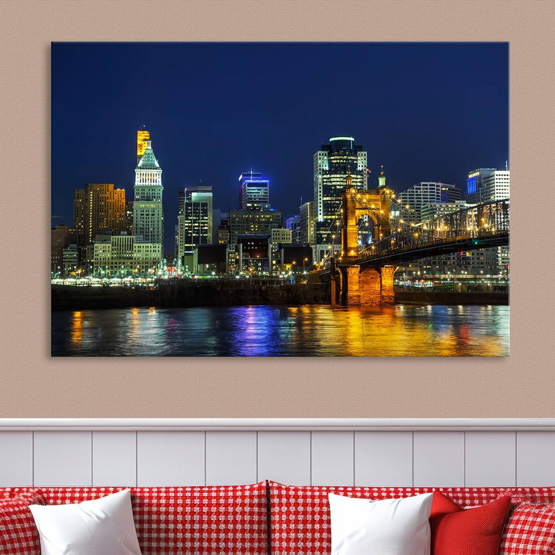 The "Cincinnati City Lights Night Skyline Cityscape" canvas print, displayed above a sofa, exhibits museum-quality craftsmanship with a UV-protective coating.