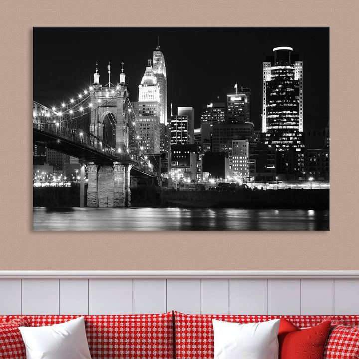 The Cincinnati City Skyline Black and White Wall Art Cityscape Canvas Print is prominently displayed.