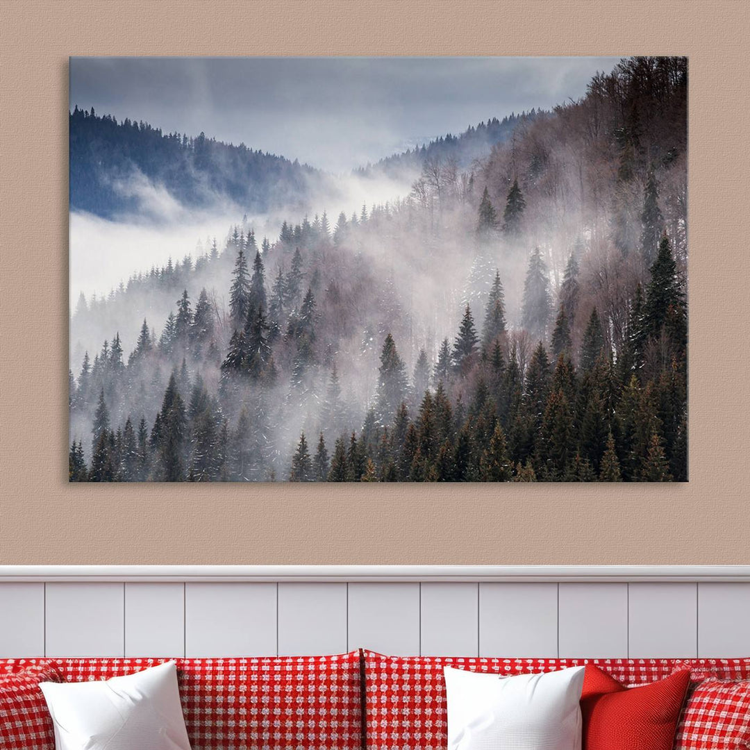 The "Beautiful Rising Fog in Winter Mountain Landscape" wall art is presented on museum-quality canvas, adding a striking visual element to the living room.